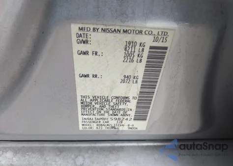 2015 Nissan Altima 2.5 Sv z USA, uszkodzony, nr VIN 1N4AL3AP0FC598242